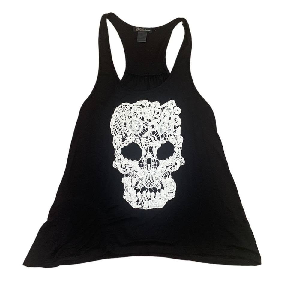 Crochet Sugar Skull Black Racerback Sleeveless Tank Top Size M - Picture 3 of 8